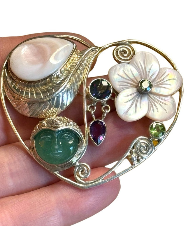 Sajen Bali Sterling silver 925 MOP moonfave goddess multi gemstone heart pendant
