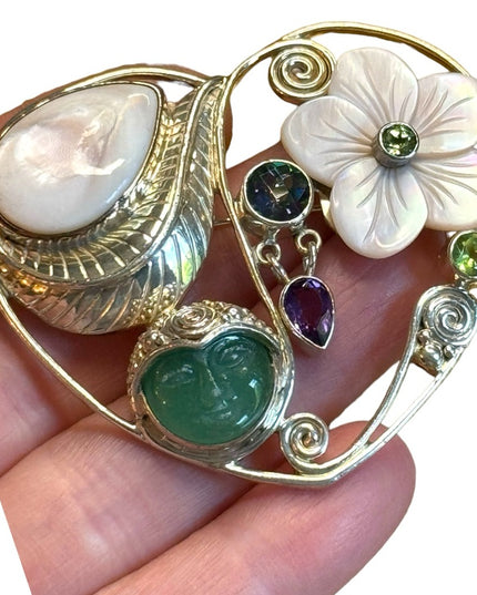 Sajen Bali Sterling silver 925 MOP moonfave goddess multi gemstone heart pendant