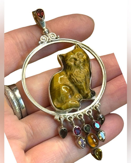 Sajen Bali design sterling silver 925 tigereye cat multi gemstone fancy pendant