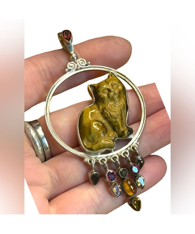 Sajen Bali design sterling silver 925 tigereye cat multi gemstone fancy pendant