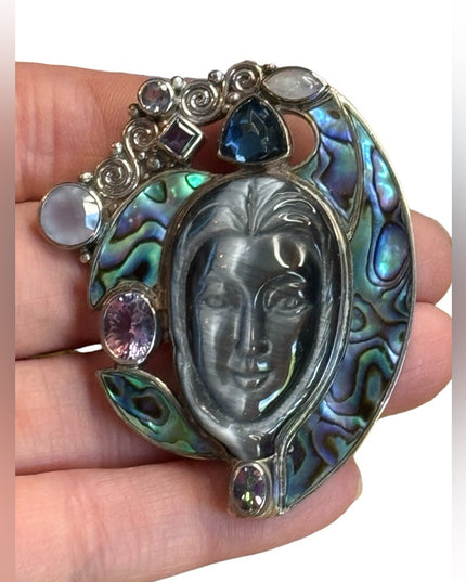Sajen sterling silver 925 Abalone moonstone goddess amethyst  pendant brooch