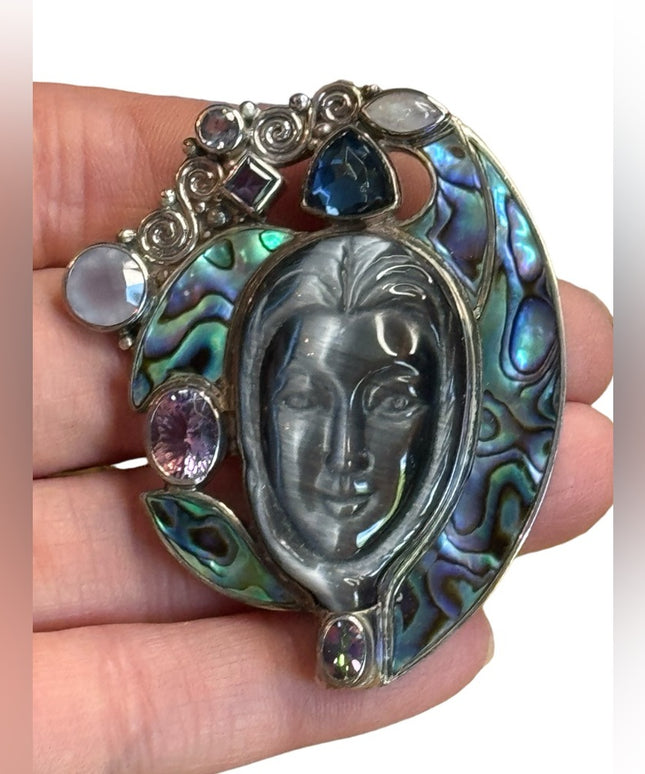Sajen sterling silver 925 Abalone moonstone goddess amethyst  pendant brooch