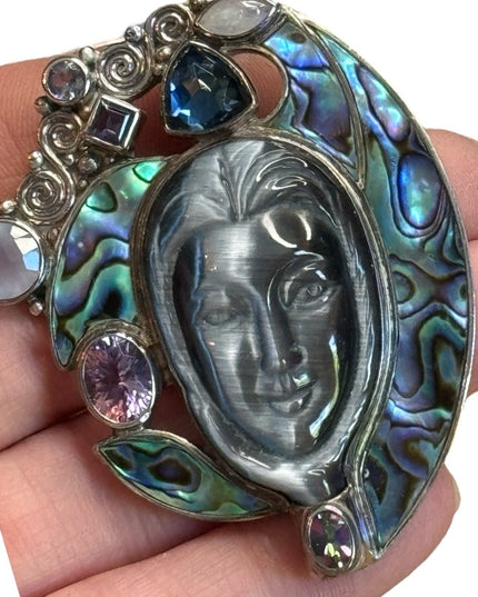Sajen sterling silver 925 Abalone moonstone goddess amethyst  pendant brooch