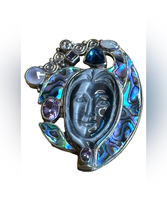 Sajen sterling silver 925 Abalone moonstone goddess amethyst  pendant brooch