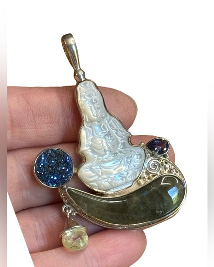 Sajen Bali 925 Sterling silver MOP labradorite druzy amethyst Quan Yin pendant