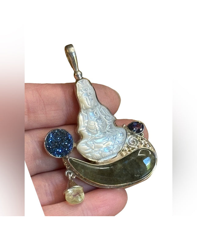 Sajen Bali 925 Sterling silver MOP labradorite druzy amethyst Quan Yin pendant