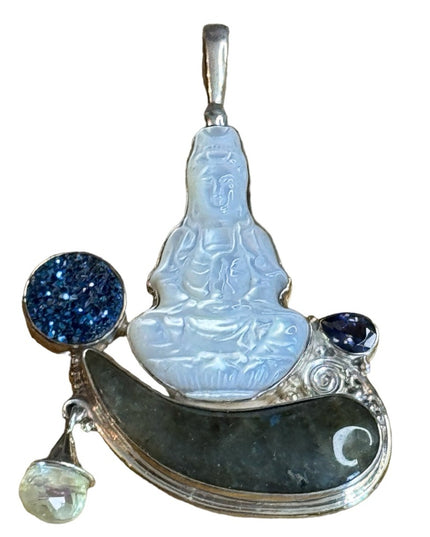 Sajen Bali 925 Sterling silver MOP labradorite druzy amethyst Quan Yin pendant