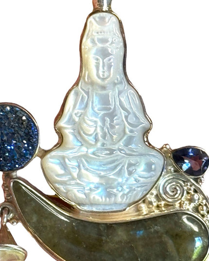 Sajen Bali 925 Sterling silver MOP labradorite druzy amethyst Quan Yin pendant