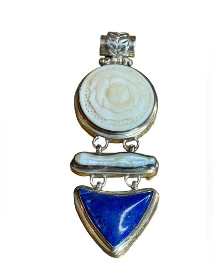 Sterling silver fancy MOP lapis & resin flower fancy pendant