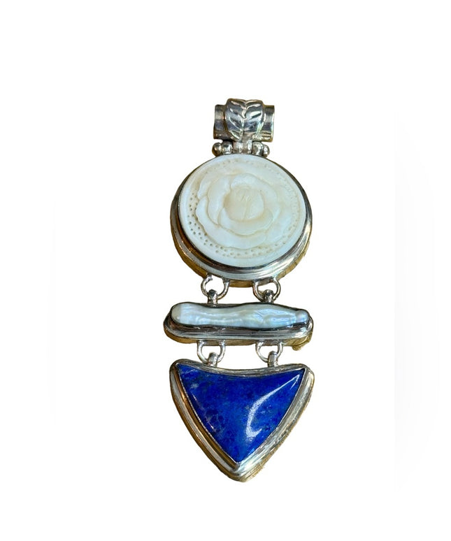 Sterling silver fancy MOP lapis & resin flower fancy pendant