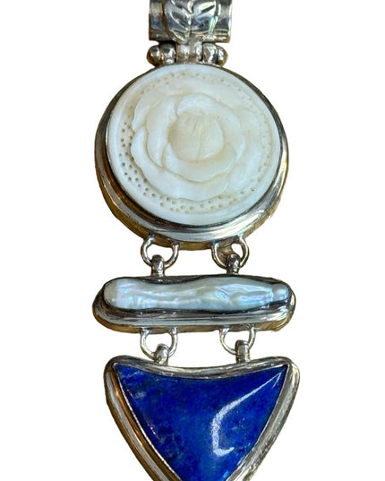 Sterling silver fancy MOP lapis & resin flower fancy pendant