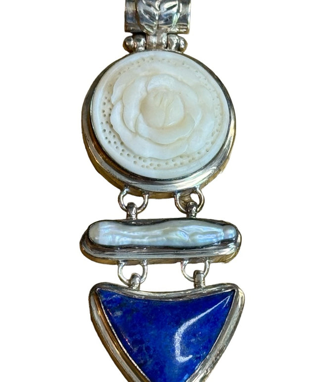 Sterling silver fancy MOP lapis & resin flower fancy pendant