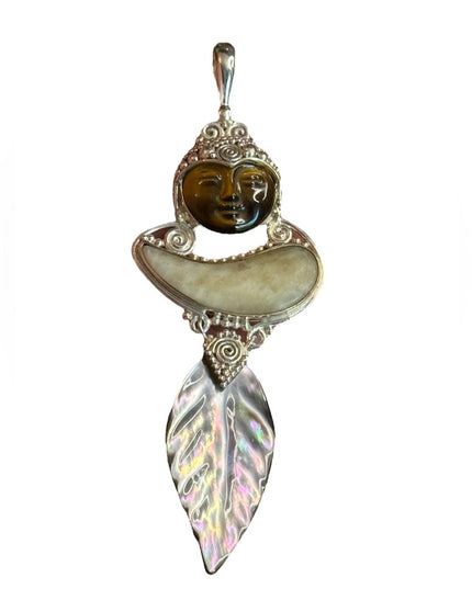 Sajen moonface goddess sterling silver abalone tigereye feather fancy pendant