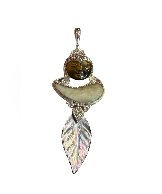 Sajen moonface goddess sterling silver abalone tigereye feather fancy pendant