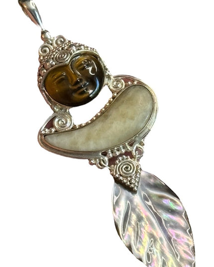 Sajen moonface goddess sterling silver abalone tigereye feather fancy pendant