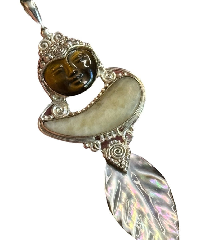 Sajen moonface goddess sterling silver abalone tigereye feather fancy pendant