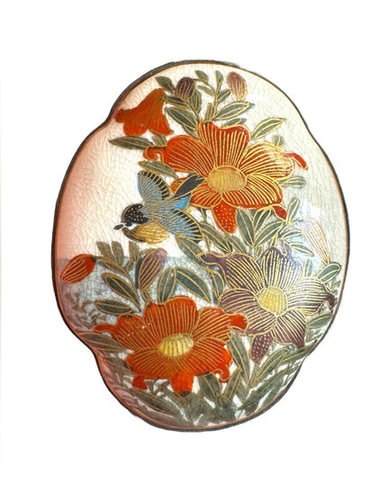 Antique ceramic Japanese Satsuma large buckle in floral detail. RARE painted