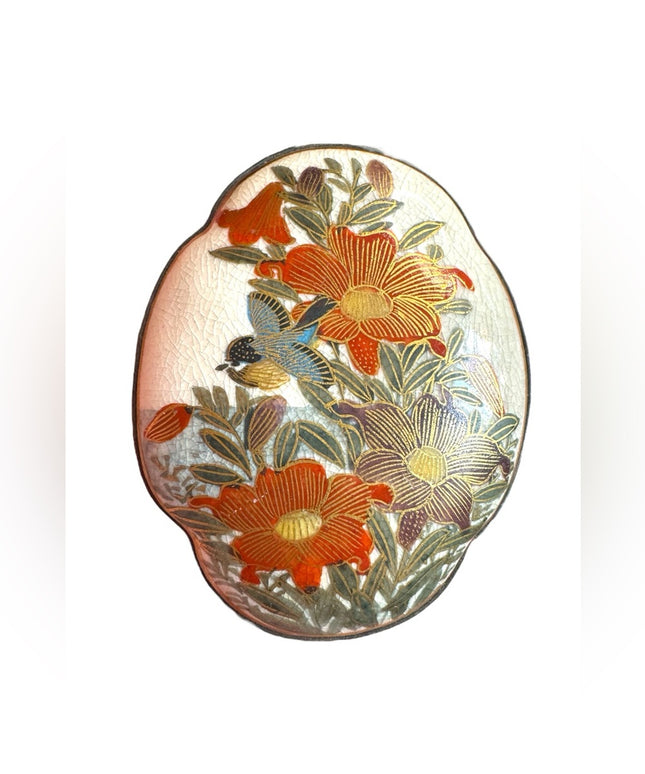 Antique ceramic Japanese Satsuma large buckle in floral detail. RARE painted