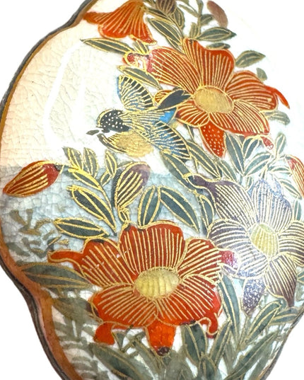 Antique ceramic Japanese Satsuma large buckle in floral detail. RARE painted