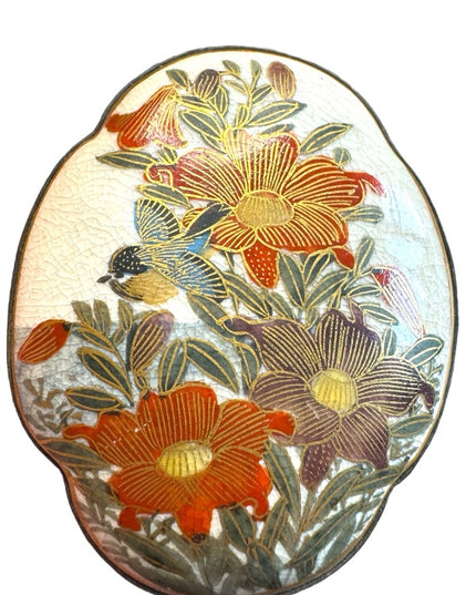 Antique ceramic Japanese Satsuma large buckle in floral detail. RARE painted