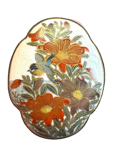 Antique ceramic Japanese Satsuma large buckle in floral detail. RARE painted