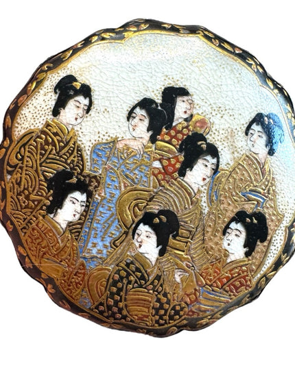 Antique ceramic Japanese Satsuma large buckle Geisha detail. RARE painted deco