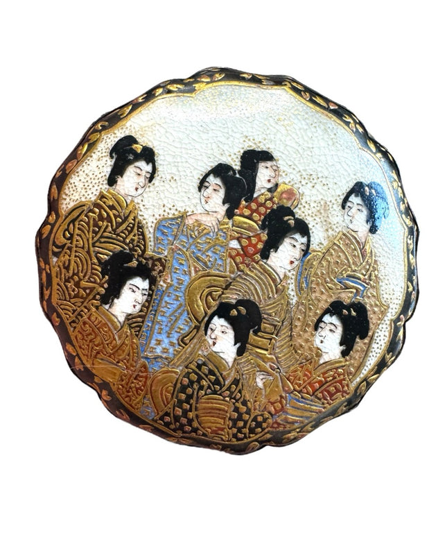 Antique ceramic Japanese Satsuma large buckle Geisha detail. RARE painted deco