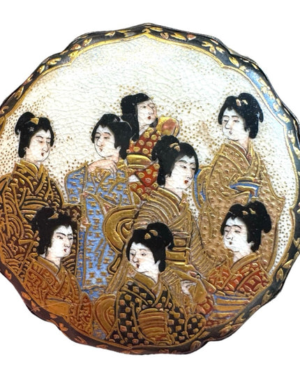 Antique ceramic Japanese Satsuma large buckle Geisha detail. RARE painted deco