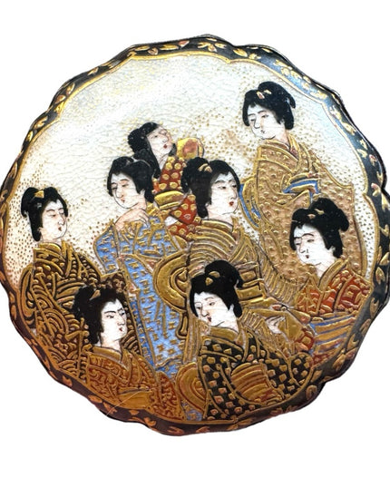Antique ceramic Japanese Satsuma large buckle Geisha detail. RARE painted deco
