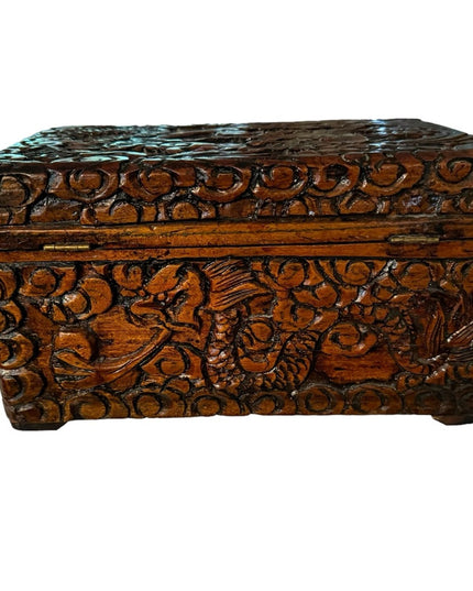 Vintage 1970s carved wood large jewelry trinket box birds