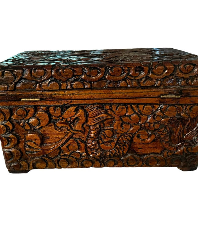 Vintage 1970s carved wood large jewelry trinket box birds