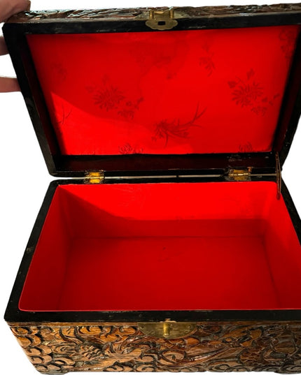 Vintage 1970s carved wood large jewelry trinket box birds