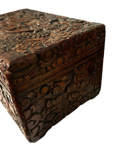 Vintage 1970s carved wood large jewelry trinket box birds