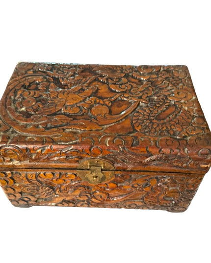 Vintage 1970s carved wood large jewelry trinket box birds