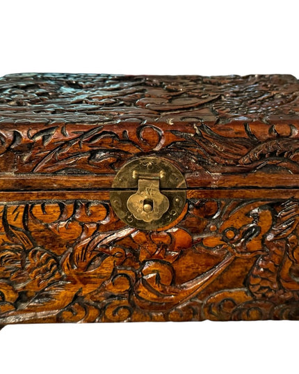 Vintage 1970s carved wood large jewelry trinket box birds