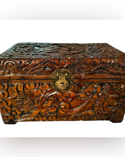 Vintage 1970s carved wood large jewelry trinket box birds