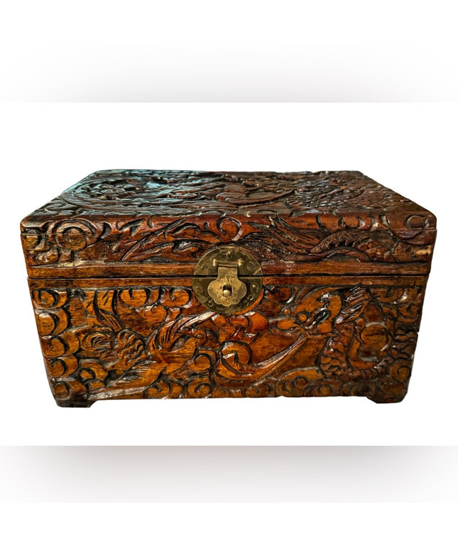 Vintage 1970s carved wood large jewelry trinket box birds