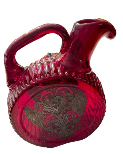Vintage Ruby Red Glass Canteen Shape Pitcher Sterling Silver  Floral Design