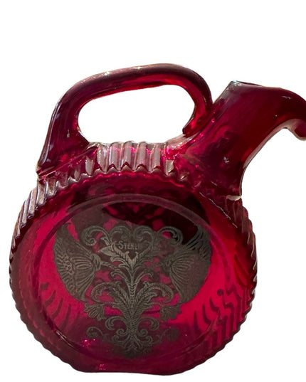 Vintage Ruby Red Glass Canteen Shape Pitcher Sterling Silver  Floral Design