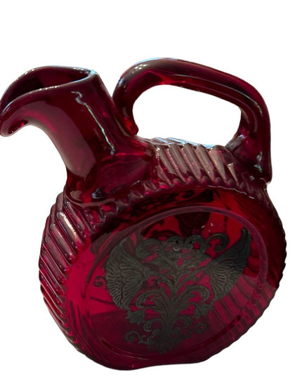 Vintage Ruby Red Glass Canteen Shape Pitcher Sterling Silver  Floral Design