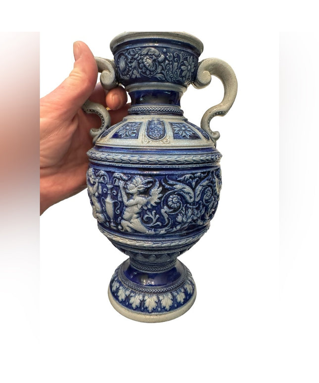 Antique German Salt Glazed Vase Simon Peter Gerz Urn angels art deco