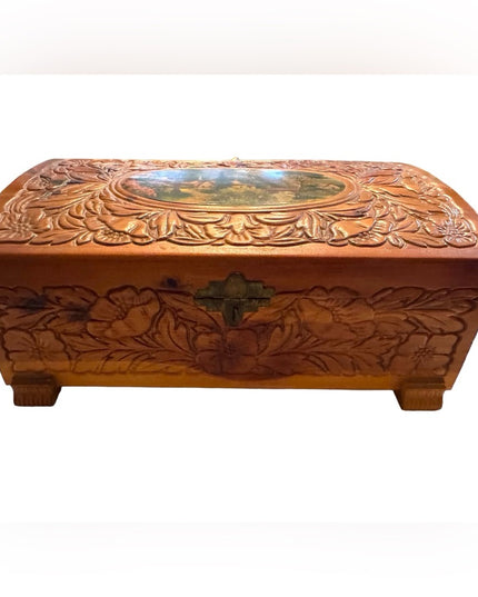 Vintage 1960s wood floral carved mirrored jewelry trinket box