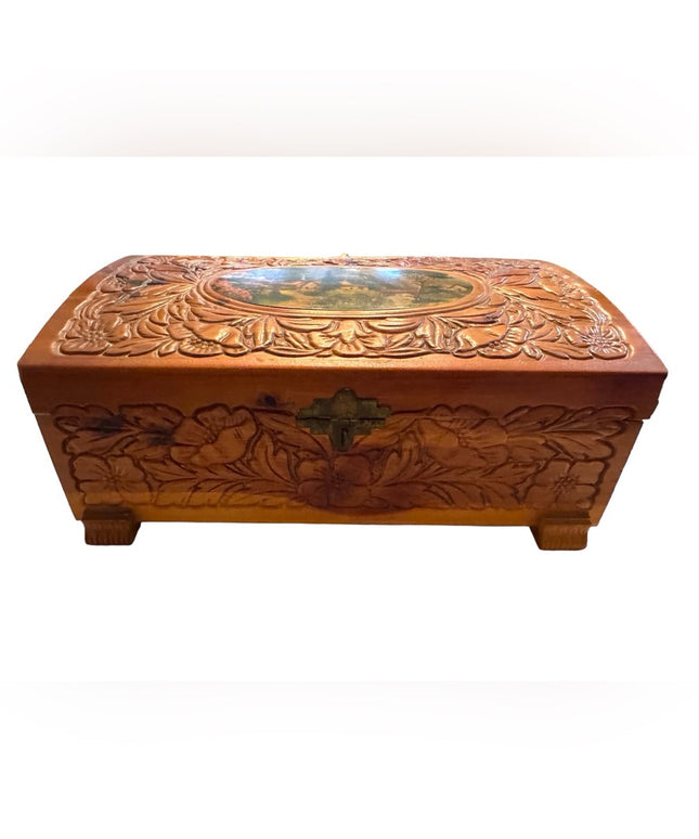 Vintage 1960s wood floral carved mirrored jewelry trinket box