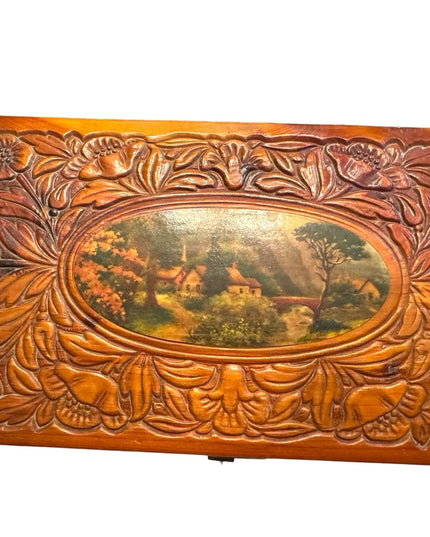 Vintage 1960s wood floral carved mirrored jewelry trinket box