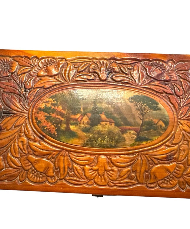 Vintage 1960s wood floral carved mirrored jewelry trinket box