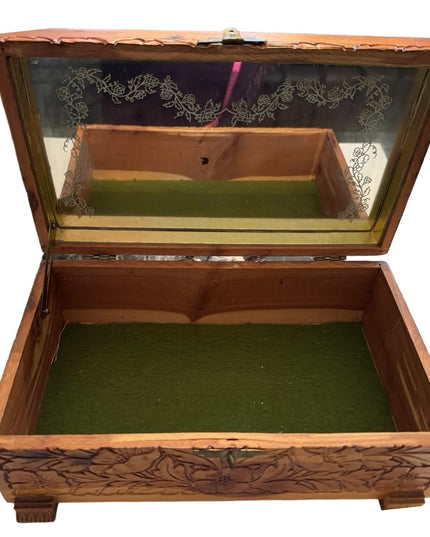 Vintage 1960s wood floral carved mirrored jewelry trinket box