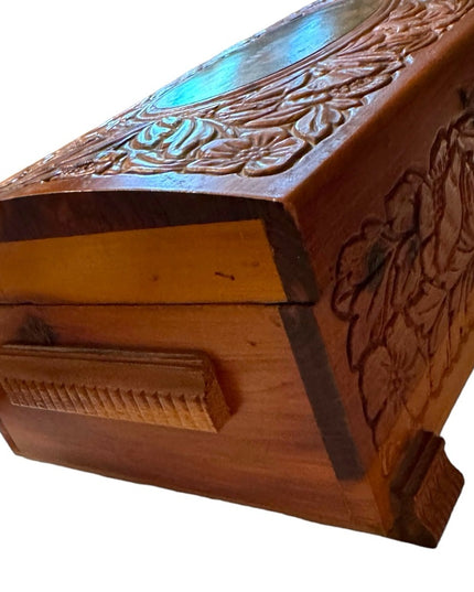 Vintage 1960s wood floral carved mirrored jewelry trinket box