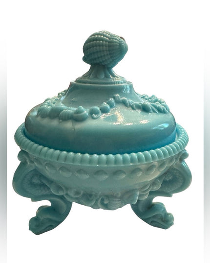 Vintage candy box Portieux Vallerystall blue opaline lid shells feet cut box