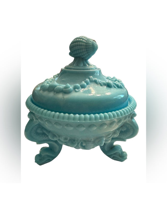 Vintage candy box Portieux Vallerystall blue opaline lid shells feet cut box
