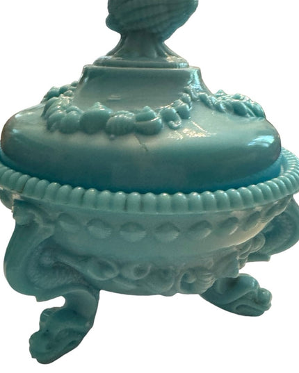 Vintage candy box Portieux Vallerystall blue opaline lid shells feet cut box